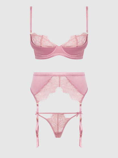 House of Desire Blair Satin & Lace Bra, Garter & G-String Set Rose Pink