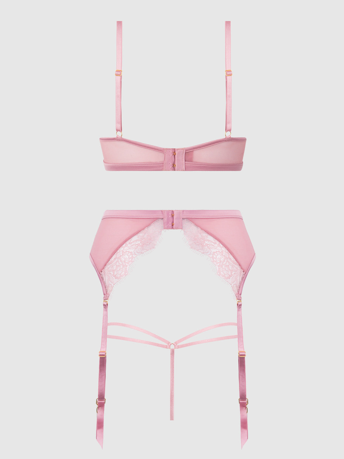 House of Desire Blair Satin & Lace Bra, Garter & G-String Set Rose Pink