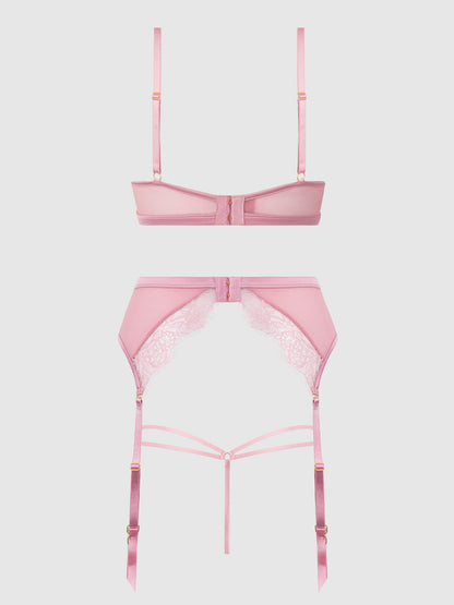 House of Desire Blair Satin & Lace Bra, Garter & G-String Set Rose Pink