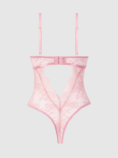 House of Desire Blair Satin & Lace Corseted Underwire Teddy Rose Pink