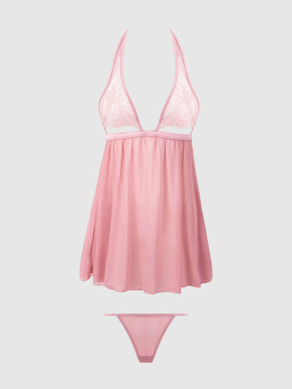 House of Desire Blair Lace & Mesh Open Cup Babydoll & G-String Set Rose Pink