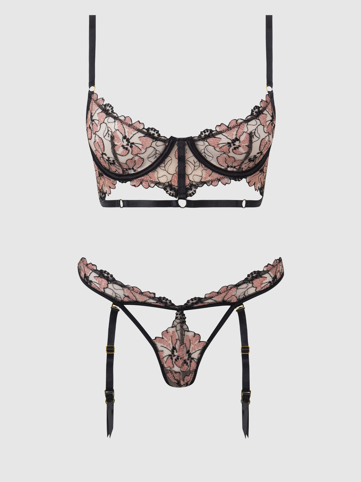 House of Desire Nova Blacklight Glow Lace Bra & Gartered Thong Set Black
