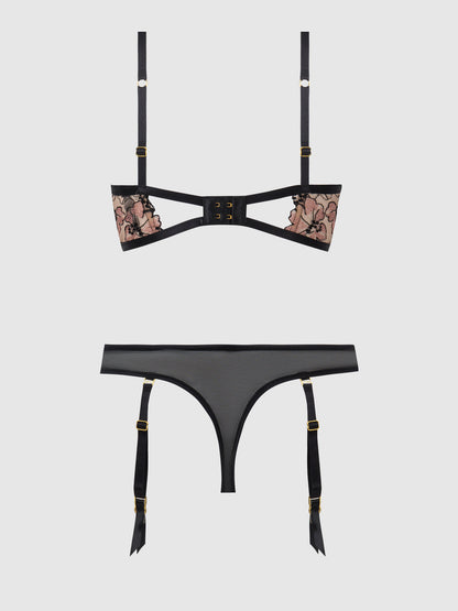 House of Desire Nova Blacklight Glow Lace Bra & Gartered Thong Set Black