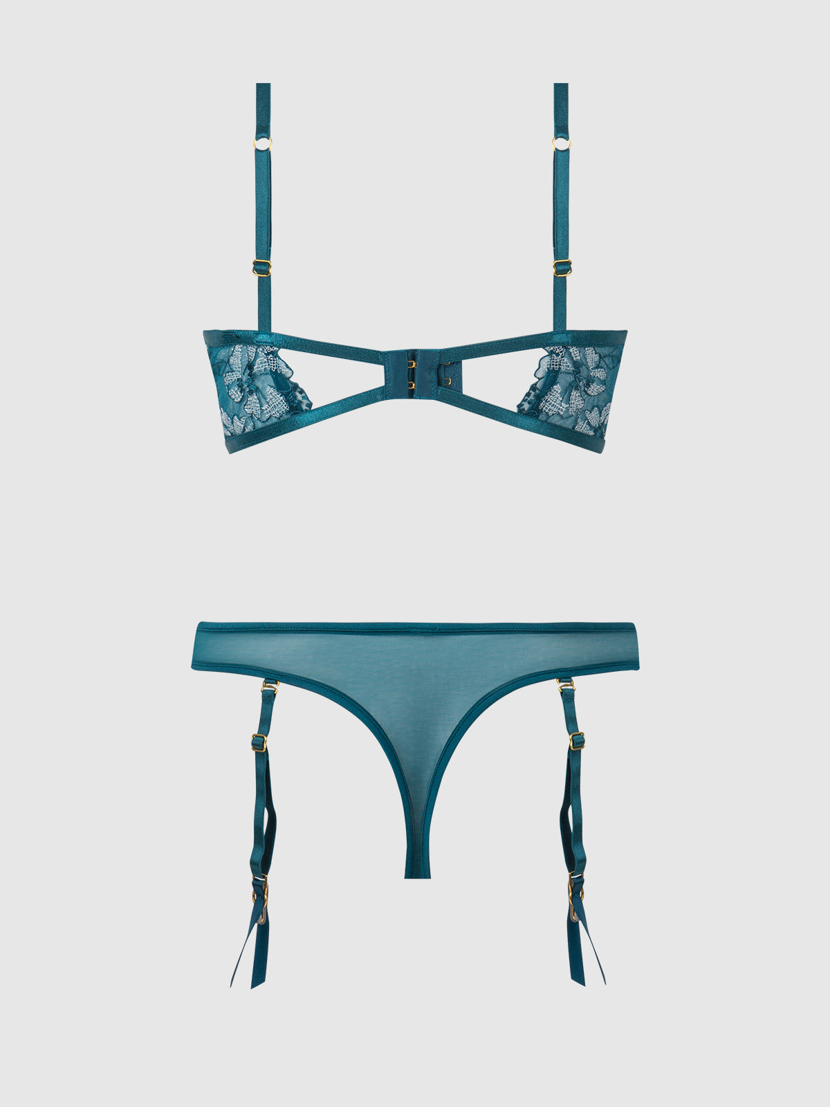 House of Desire Nova Blacklight Glow Lace Bra & Gartered Thong Set Jaded Blue