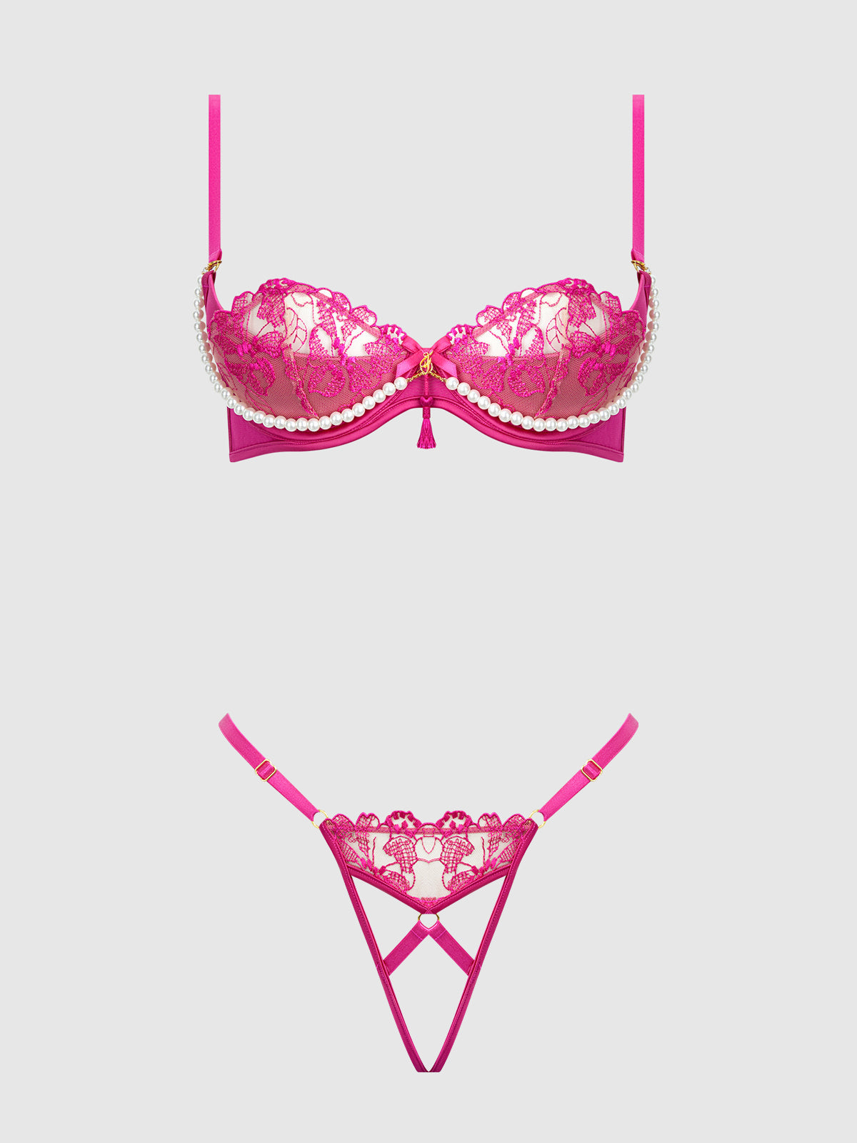 House of Desire Nova Blacklight Glow Lace Pearl Bra & Crotchless G-String Set Pink Dragon