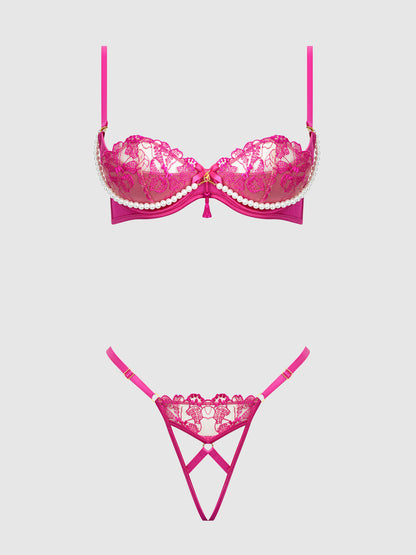 House of Desire Nova Blacklight Glow Lace Pearl Bra & Crotchless G-String Set Pink Dragon