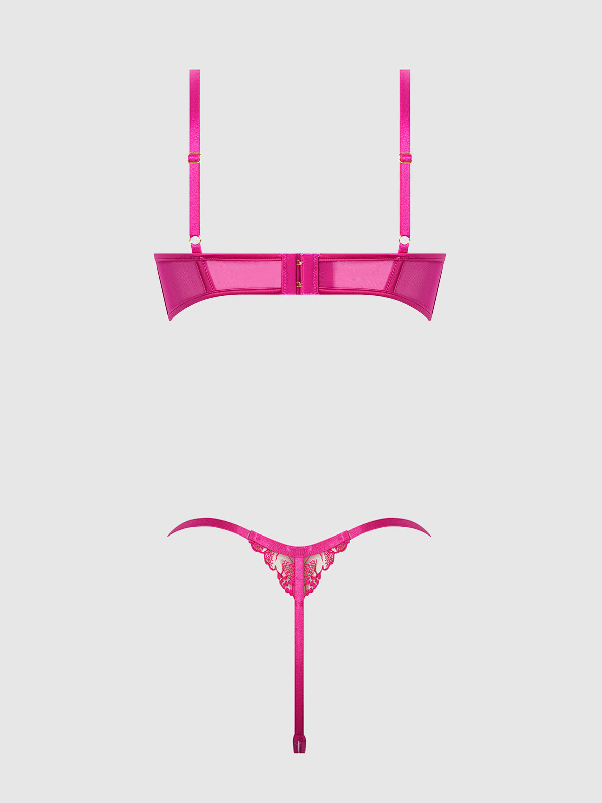 House of Desire Nova Blacklight Glow Lace Pearl Bra & Crotchless G-String Set Pink Dragon