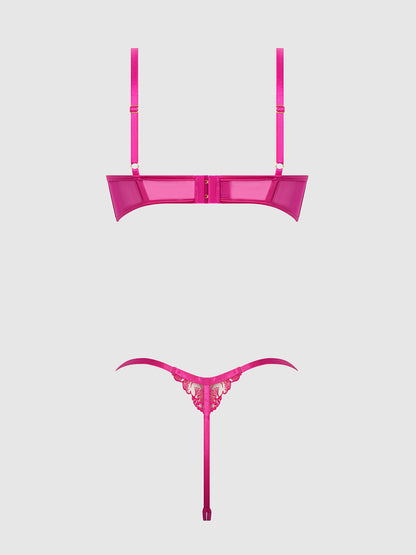 House of Desire Nova Blacklight Glow Lace Pearl Bra & Crotchless G-String Set Pink Dragon