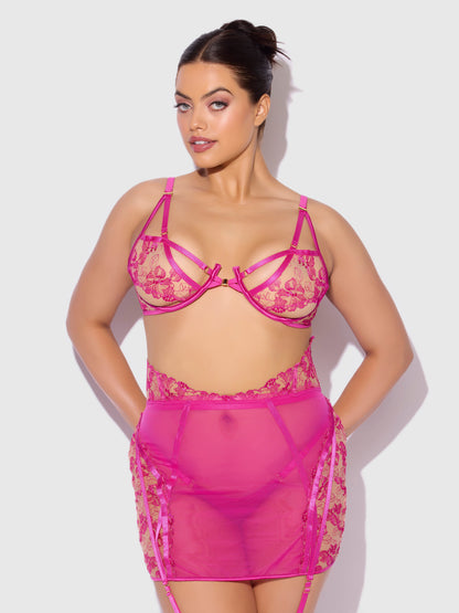 House of Desire Nova Blacklight Glow Lace Bra, Skirt & G-String Set Pink Dragon