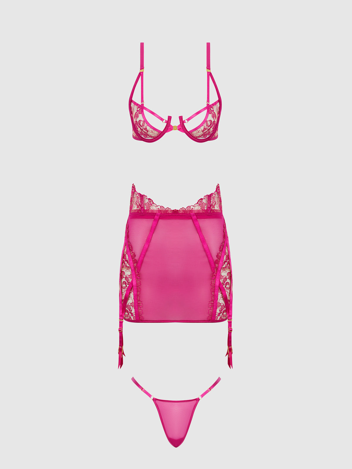 House of Desire Nova Blacklight Glow Lace Bra, Skirt & G-String Set Pink Dragon