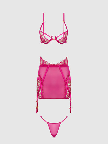 House of Desire Nova Blacklight Glow Lace Bra, Skirt & G-String Set Pink Dragon