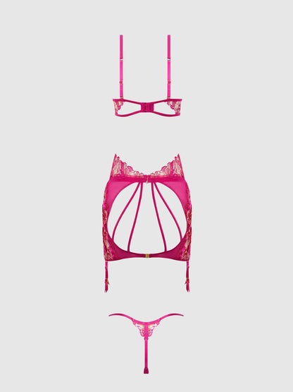 House of Desire Nova Blacklight Glow Lace Bra, Skirt & G-String Set Pink Dragon