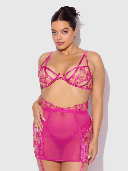 House of Desire Nova Blacklight Glow Lace Bra, Skirt & G-String Set Pink Dragon