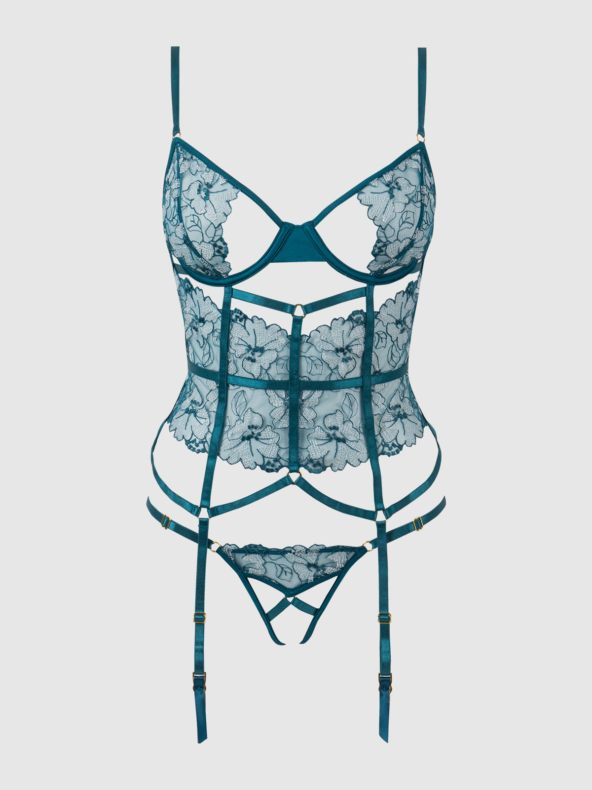 House of Desire Nova Blacklight Glow Lace Corset & Thong Set Jaded Blue