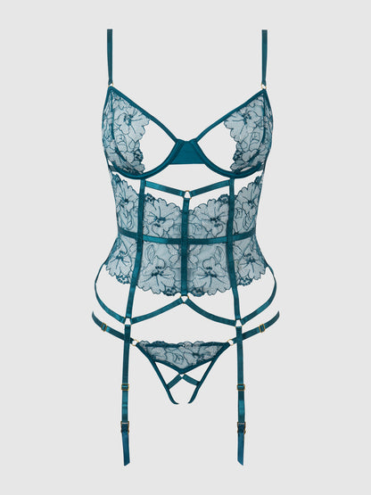 House of Desire Nova Blacklight Glow Lace Corset & Thong Set Jaded Blue