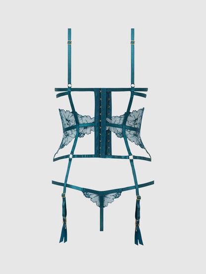 House of Desire Nova Blacklight Glow Lace Corset & Thong Set Jaded Blue