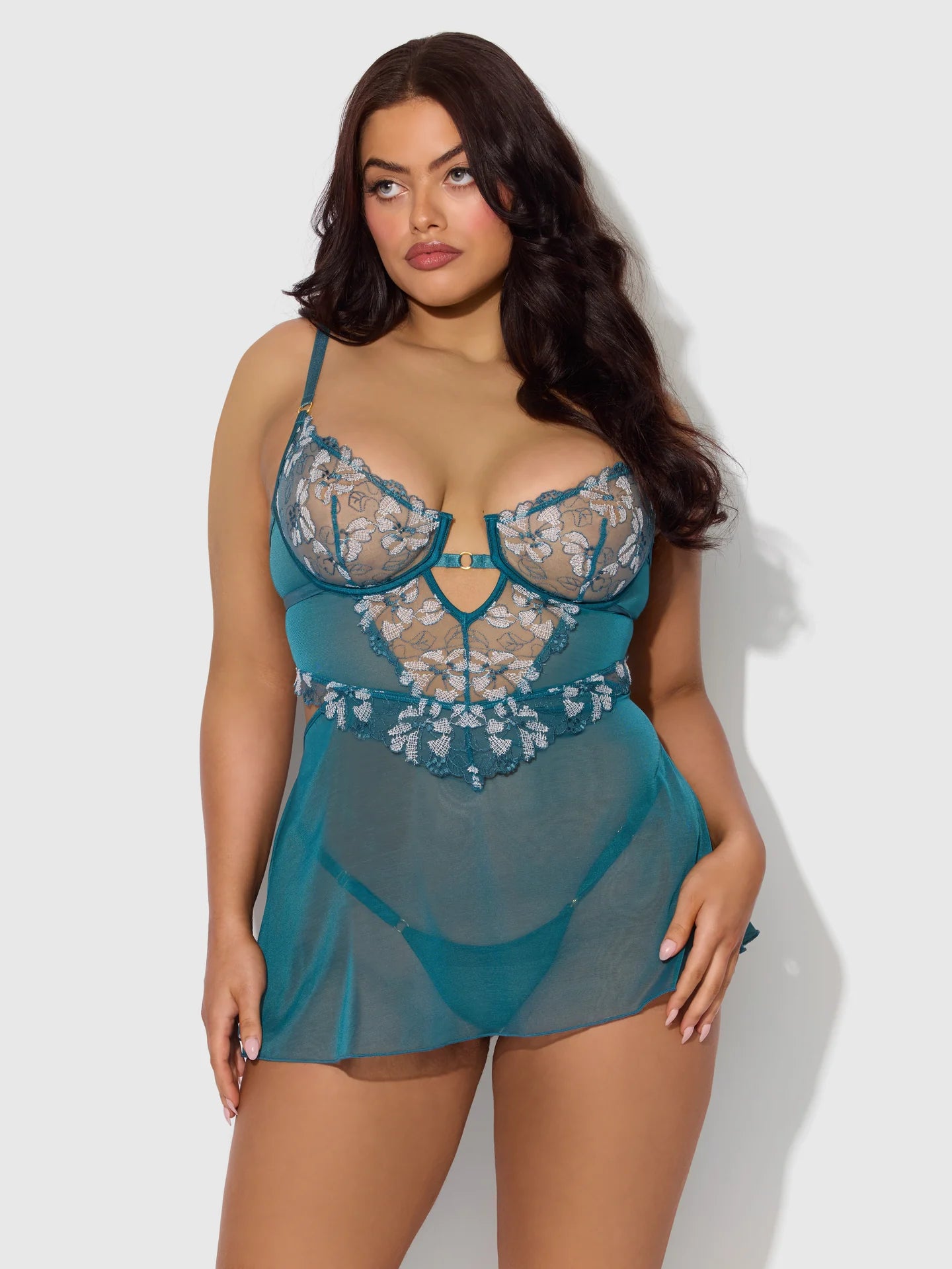 House of Desire Queen Nova Blacklight Glow Lace Babydoll Set Deep Teal