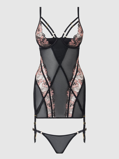 House of Desire Nova Blacklight Glow Lace Chemise Set Black
