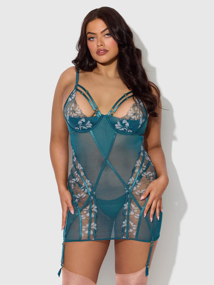 House of Desire Nova Blacklight Glow Lace Chemise Set Jaded Blue