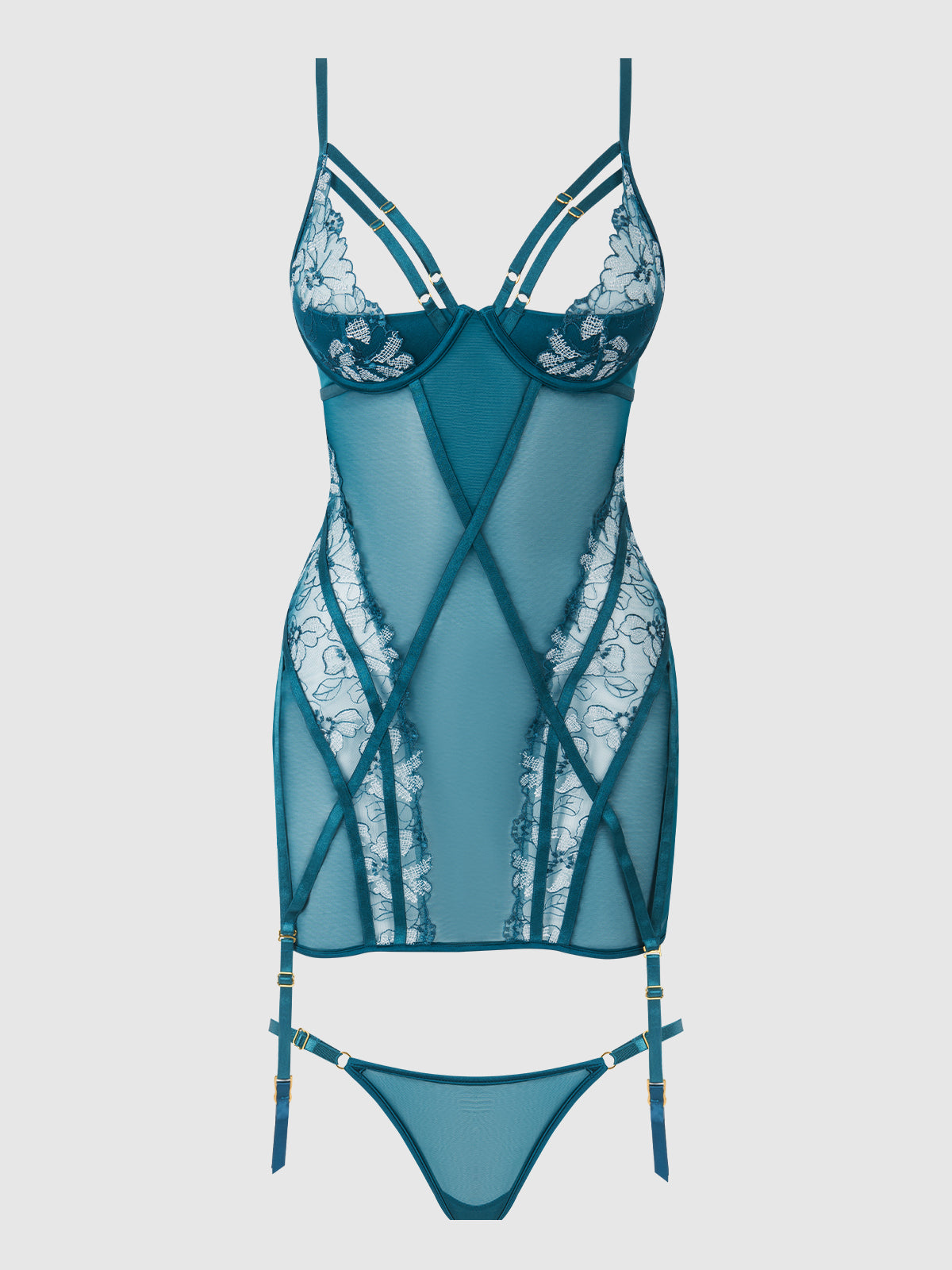House of Desire Nova Blacklight Glow Lace Chemise Set Jaded Blue