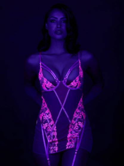 House of Desire Nova Blacklight Glow Lace Chemise Set Pink Dragon