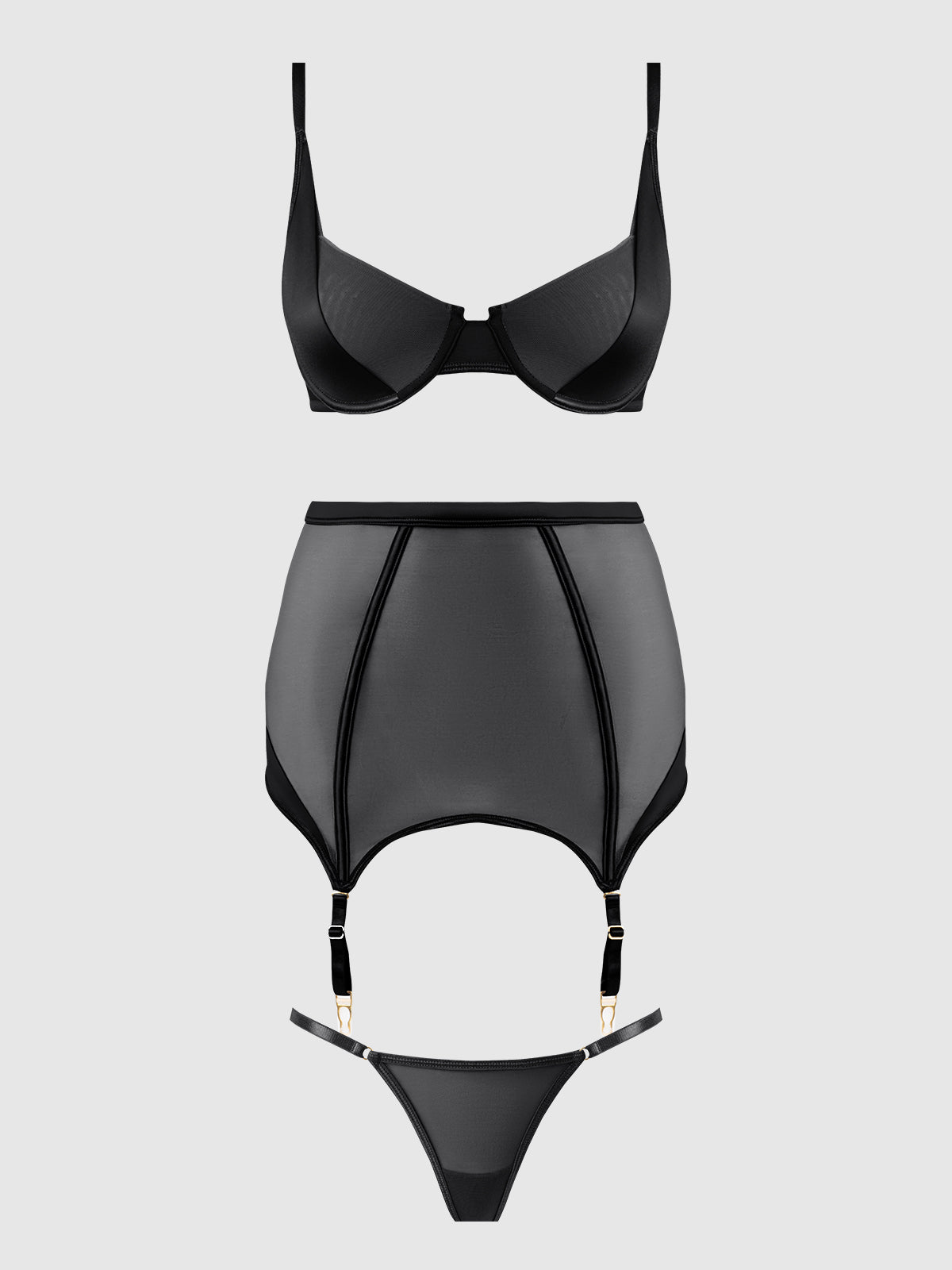 House of Desire Raquel Mesh & Silky Micro Garter Skirt Bra Set Black