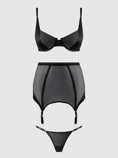 House of Desire Raquel Mesh & Silky Micro Garter Skirt Bra Set Black