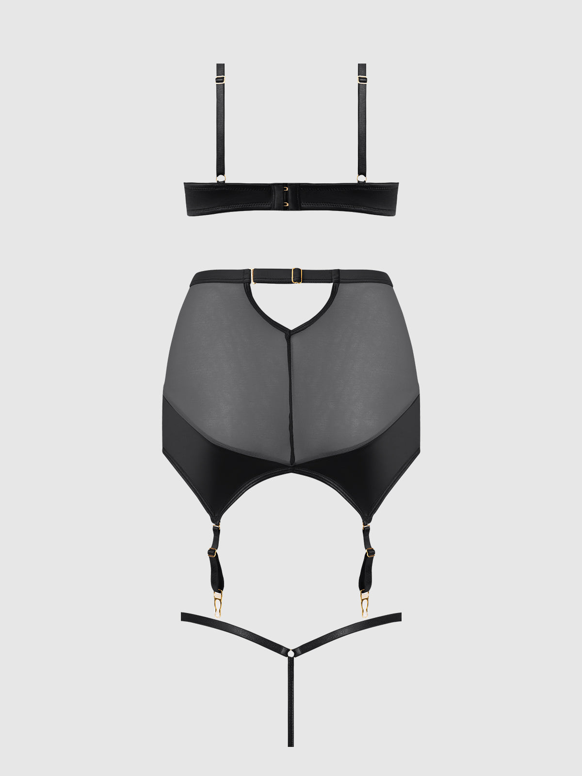 House of Desire Raquel Mesh & Silky Micro Garter Skirt Bra Set Black