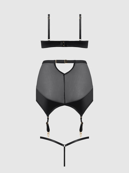 House of Desire Raquel Mesh & Silky Micro Garter Skirt Bra Set Black