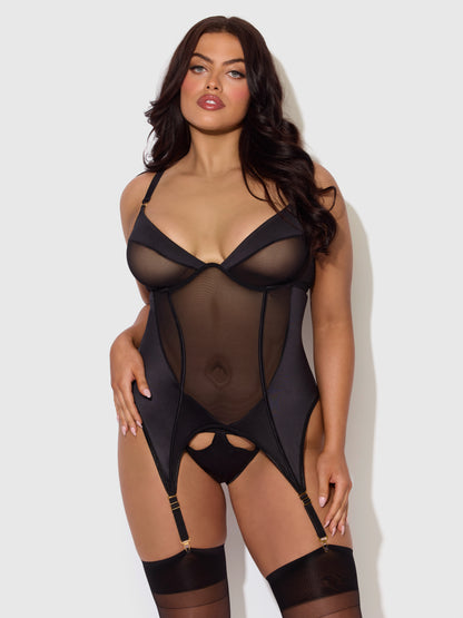 House of Desire Raquel Mesh & Silky Micro Bustier Set Black