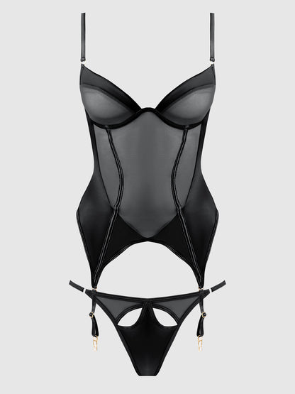 House of Desire Raquel Mesh & Silky Micro Bustier Set Black