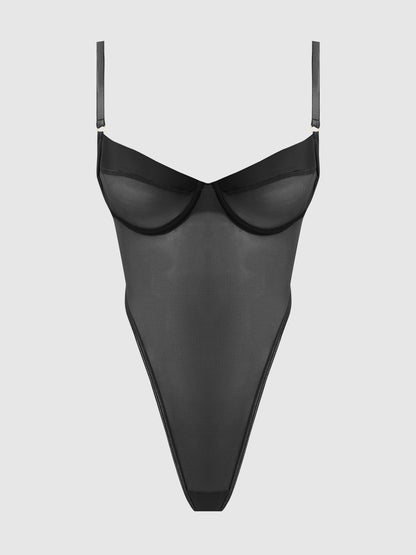 House of Desire Raquel See Through Mesh & Silky Micro Bodysuit Black