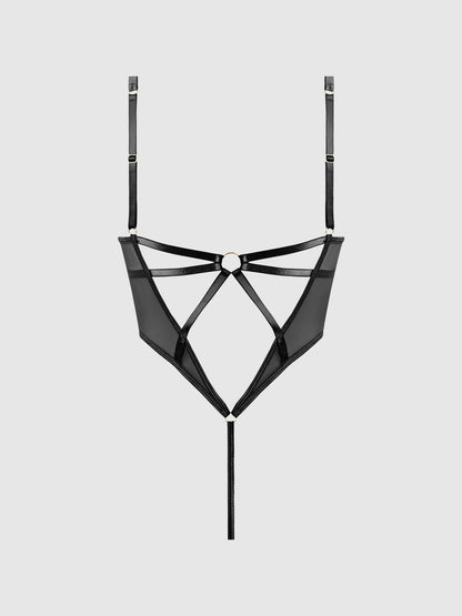 House of Desire Raquel See Through Mesh & Silky Micro Bodysuit Black