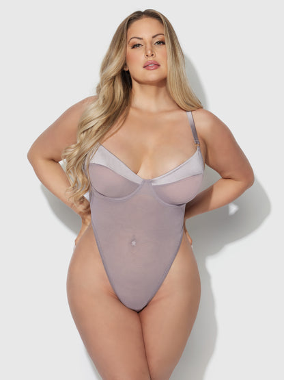 House of Desire Raquel See Through Mesh & Silky Micro Bodysuit Dark Rose