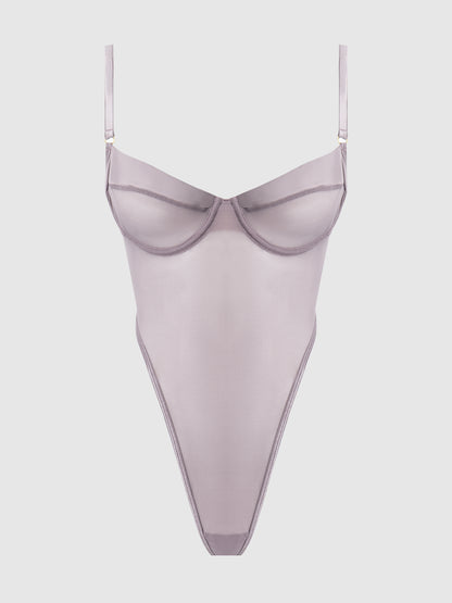 House of Desire Raquel See Through Mesh & Silky Micro Bodysuit Dark Rose