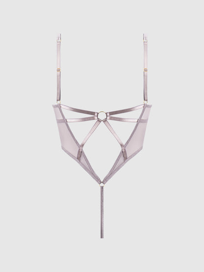 House of Desire Raquel See Through Mesh & Silky Micro Bodysuit Dark Rose