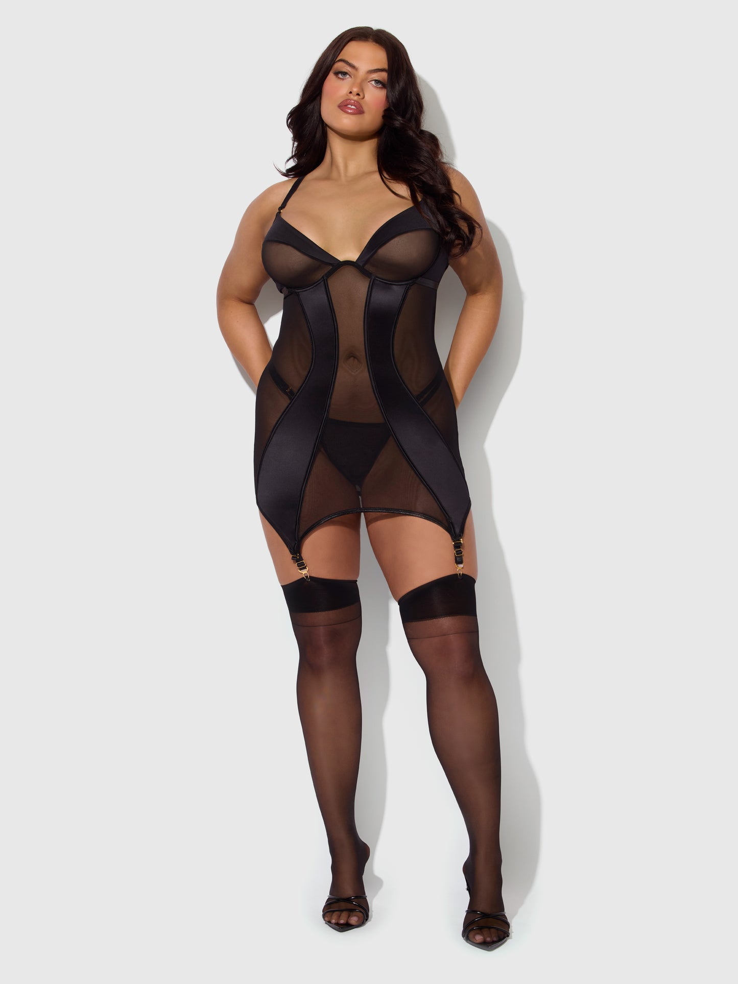 House of Desire Raquel Mesh & Silky Micro Chemise Set Black