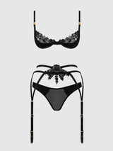 House of Desire Ashley Alexiss Lace Demi Bra, Bikini & Garter Set Black