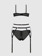 House of Desire Ashley Alexiss Lace Demi Bra, Bikini & Garter Set Black