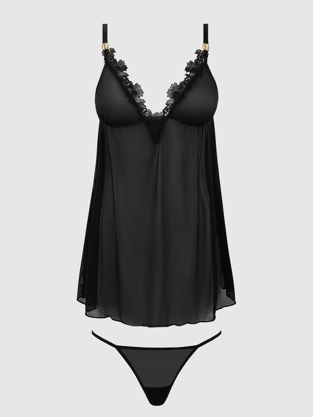House of Desire Ashley Alexiss Lace & Sheer Mesh Babydoll & G-String Set Black