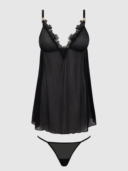 House of Desire Ashley Alexiss Lace & Sheer Mesh Babydoll & G-String Set Black