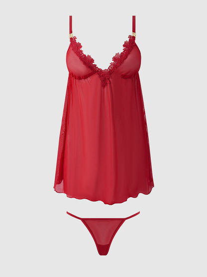 House of Desire Ashley Alexiss Lace & Sheer Mesh Babydoll & G-String Set Red