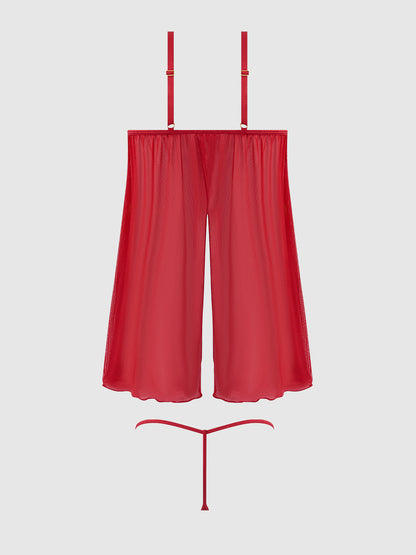 House of Desire Ashley Alexiss Lace & Sheer Mesh Babydoll & G-String Set Red