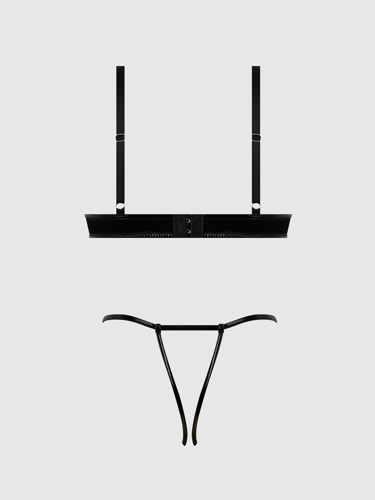 House of Desire Trinity Patent Bra & Lace Up Crotchless Panty Set Black