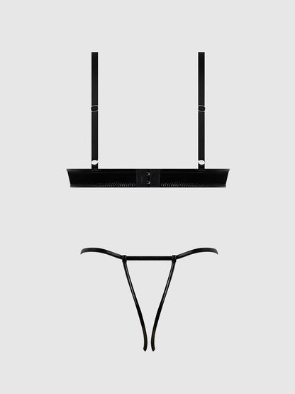 House of Desire Trinity Patent Bra & Lace Up Crotchless Panty Set Black