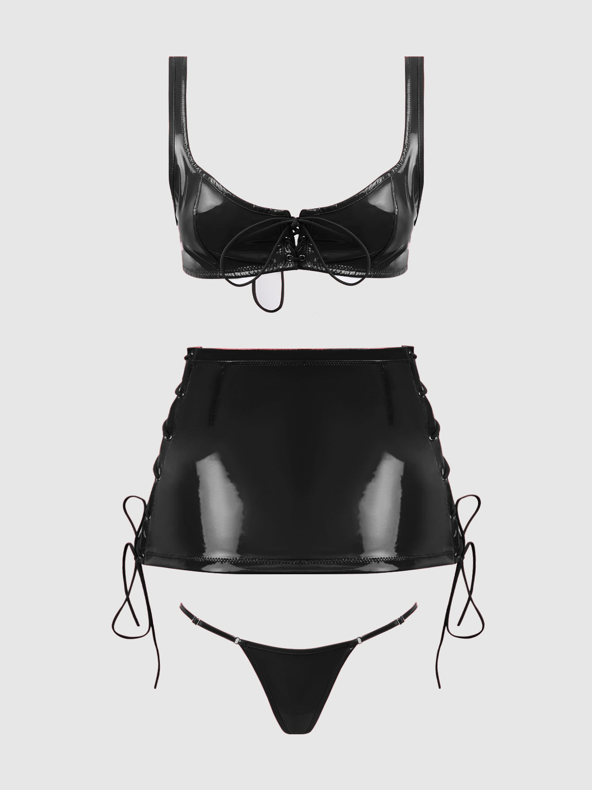 House of Desire Trinity Patent Lace Up Bralette, Skirt & G-String Set Black
