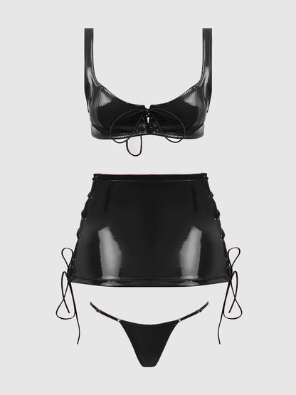 House of Desire Trinity Patent Lace Up Bralette, Skirt & G-String Set Black
