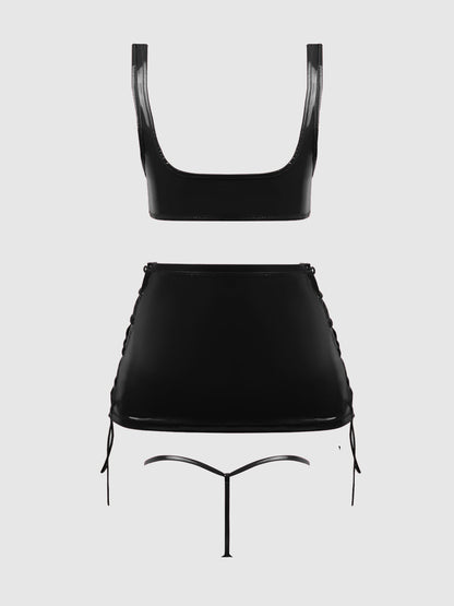 House of Desire Trinity Patent Lace Up Bralette, Skirt & G-String Set Black