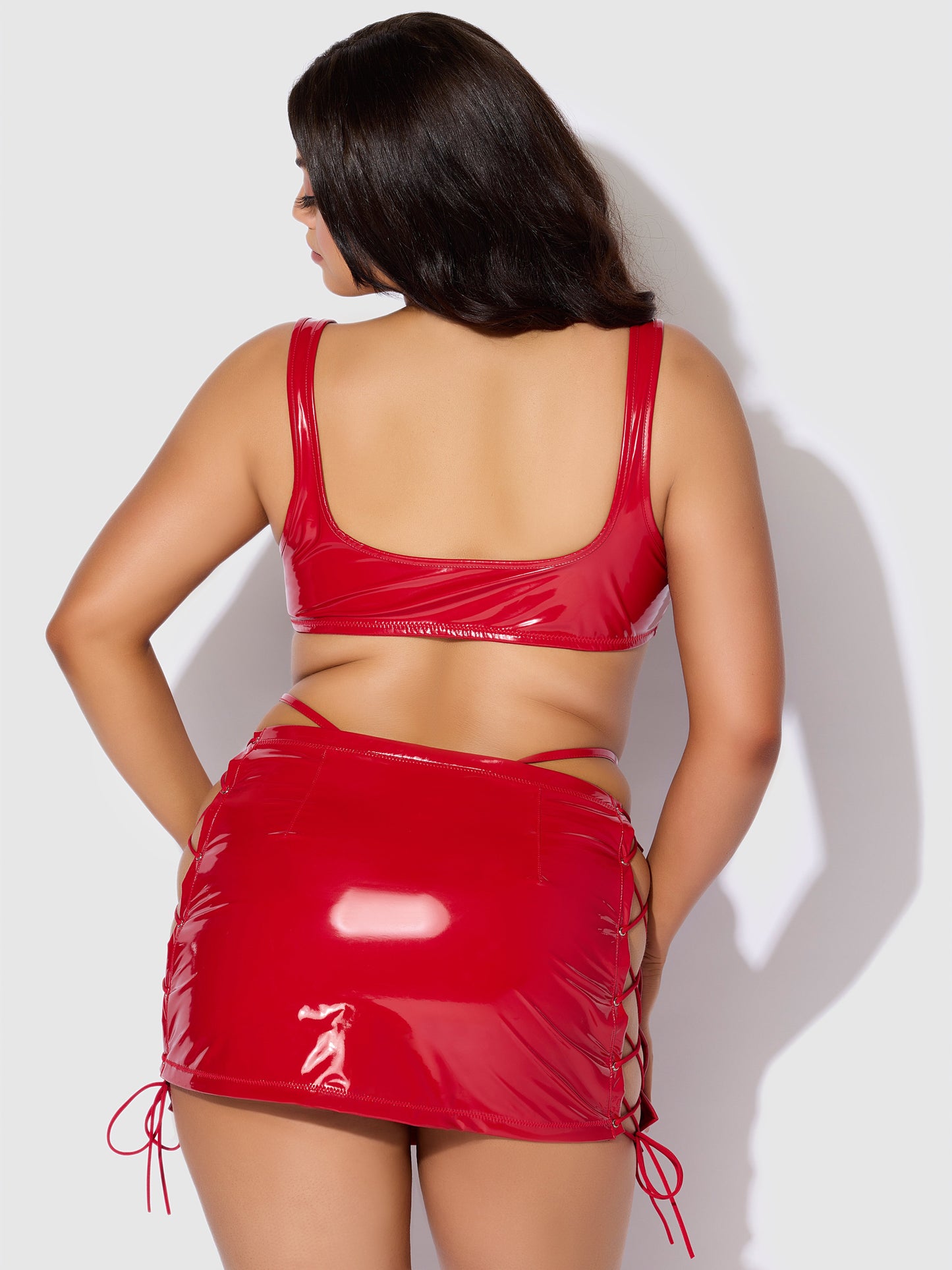 House of Desire Trinity Patent Lace Up Bralette, Skirt & G-String Set Red