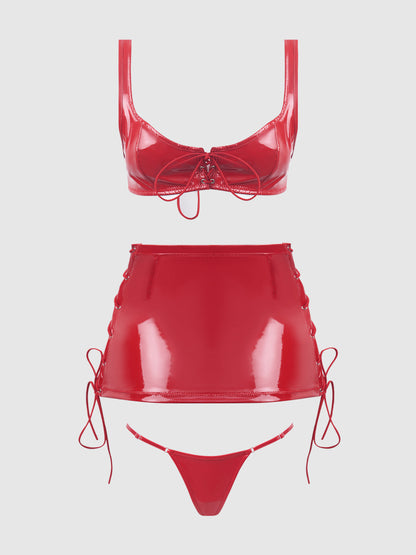 House of Desire Trinity Patent Lace Up Bralette, Skirt & G-String Set Red